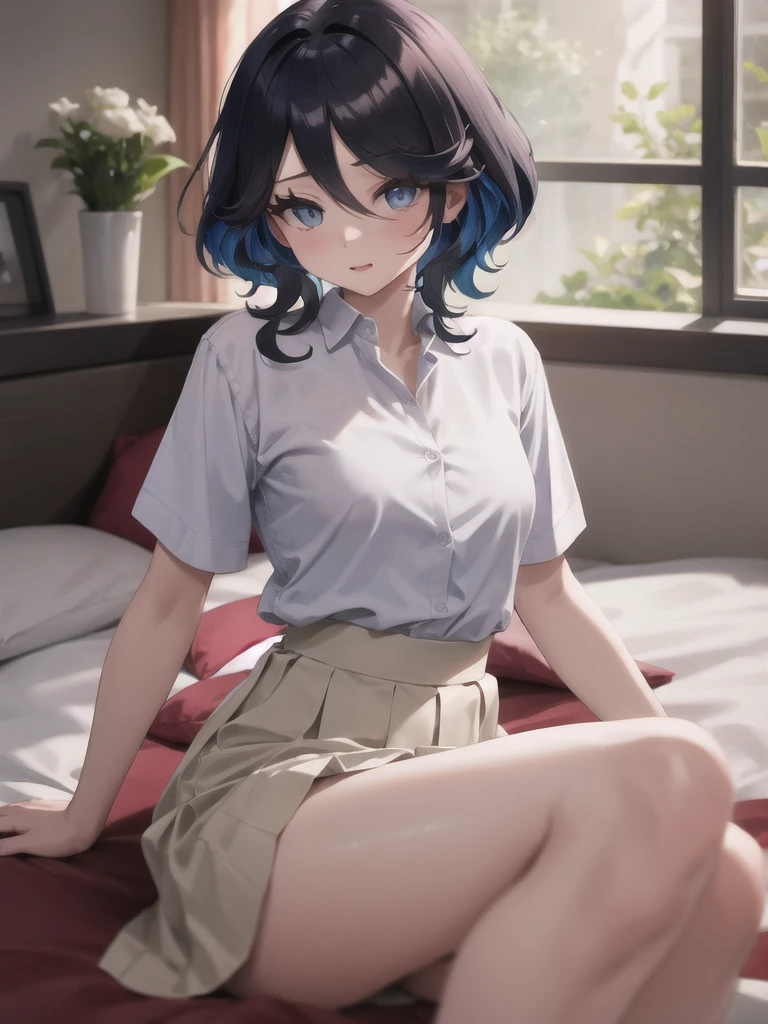 （（tmasterpiece:1.2，Best quality1.2））， （1boy），（（ boy））， blue hairs， （（office lady）），middlebreasts，（plumw），Expose your breasts（Reach out，Exposing the armpits），slim，ssmile，Sexul，Very short pleated skirt，[Wide buttock]，（sitting at the desk，Spread your legs apart），Delicate body，skinny、Curly waist、((flat chest))