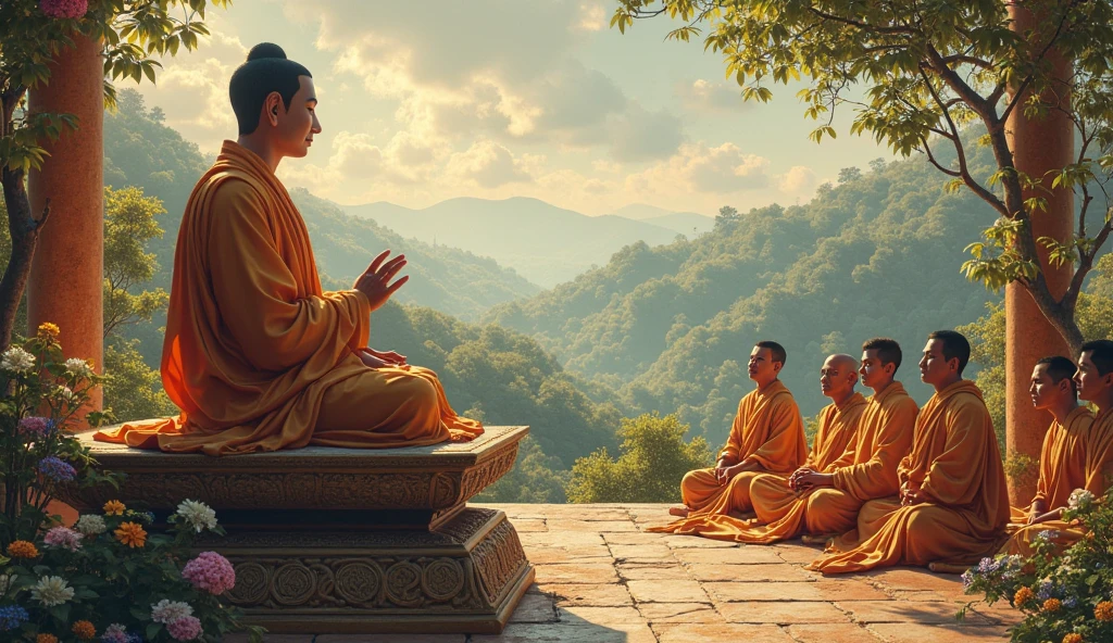 a realistic serene buddha, ancient buddhist scroll, people meditating, urban environment, tranquil scenery, blend of ancient and modern, (best quality,4k,8k,highres,masterpiece:1.2),ultra-detailed,(realistic,photorealistic,photo-realistic:1.37),intricate details,warm color tones,soft lighting,cinematic composition,spiritual atmosphere,contemplative mood,harmonious contrast