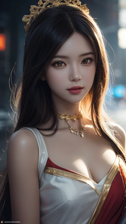 Please, draw a Korean female artist named Bae Joo-hyun,The background is the runway for the fashion show,Brilliant lighting,Silk red dress,Black shoulder-length hair showing the forehead,Reddish eyes,Exquisite makeup,Frontal photographic ultra-clear image,Ultimate detail