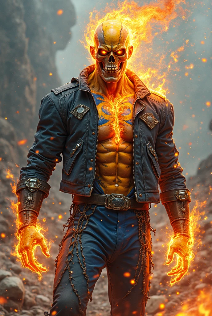 Eddie, the Iron Maiden mascot, black jacket, standing in a powerful stance. His eyes glowing with intensity, reflecting his dark, rebellious spirit. His face is skeletal yet detailed with realistic textures, showcasing his iconic menacing grin. The background is a stormy night, with lightning illuminating the scene, adding a dramatic effect. Realistic skin textures and clothing details, capturing the essence of Eddie in a modern, lifelike illustration. natural light, 35mm photograph, film, professional, 4k, highly detailed, Golden hour lighting. Depth of field F2. Rule of Thirds Composition. ((Cinematic lighting, hell, flames background))