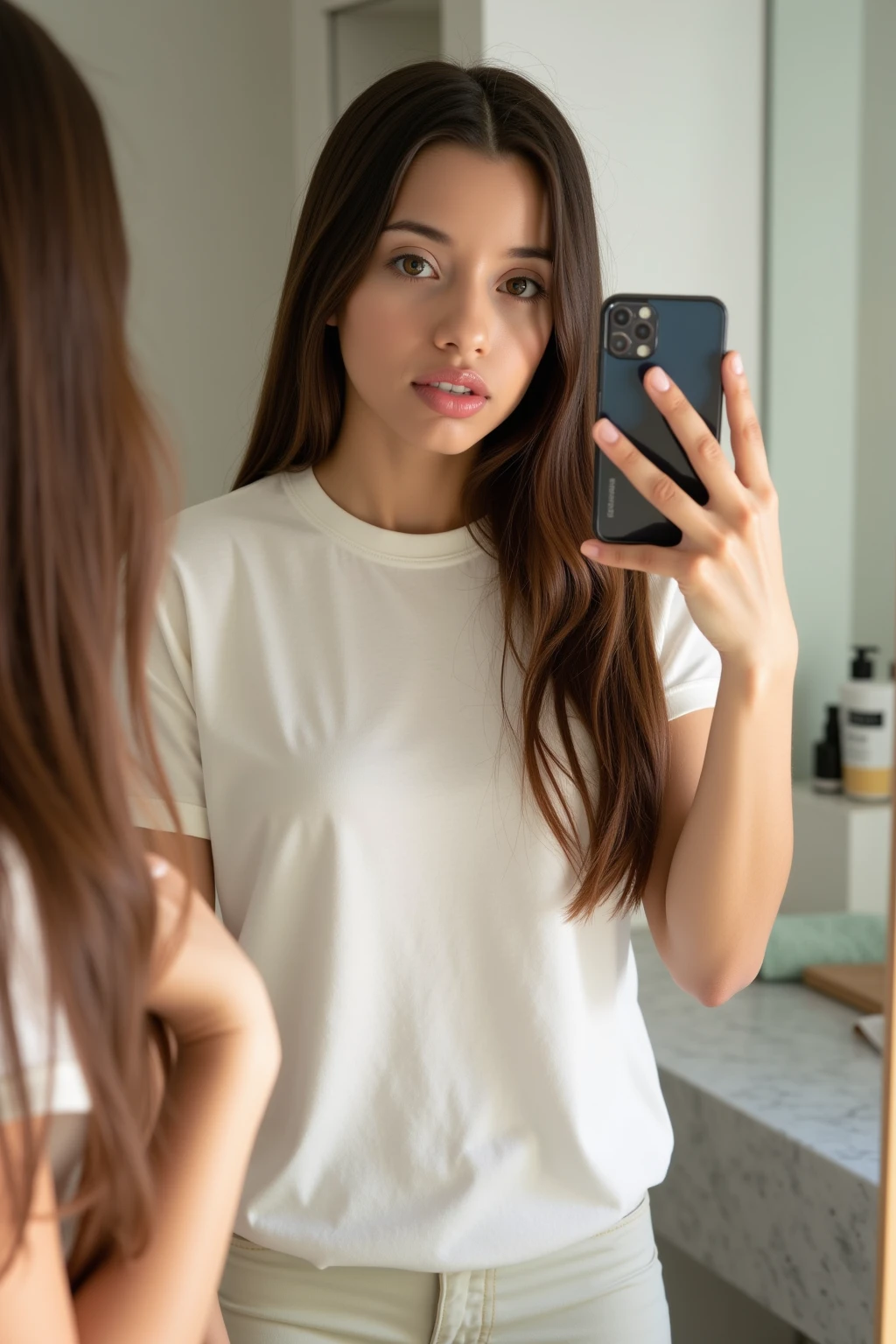 generate a photo of a girl taking a photo she is standing , Looking into a mirror she covers her face with her cell phone taking care of the detail in her fingers , generate more hyperrealistic quality , 8k , take care of details