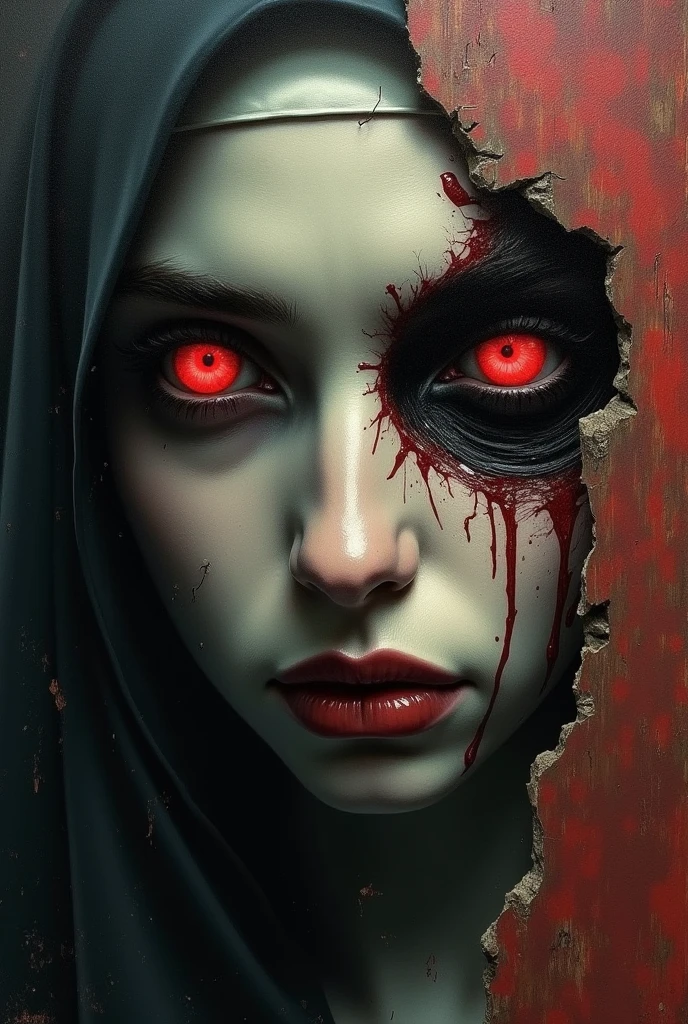 I need an impactful cover, the image must be the face of a demon, I'm looking for a type of drawing that follows you with the eyes. In turn I want her face to look like part of a painting which will have a part of the image torn off (as if another image were hidden behind the painting), in that second image, you will see a specific moment in the book, a group of wicked nuns threatened by someone.