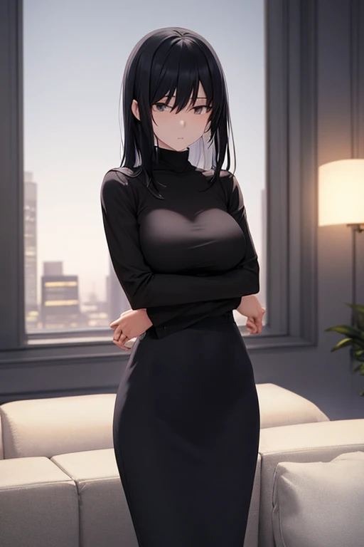 beautiful mature woman with black hair, (chopped beans), head tilt, office lady, suit, Short pencil skirt, office, Lavender eyes color,