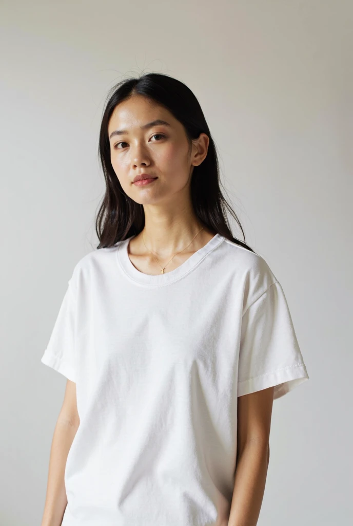 Japanese women、50 years old、Brown Hair、Hairstyle to the shoulders、T-Shirts、Bcup、Embarrassed look