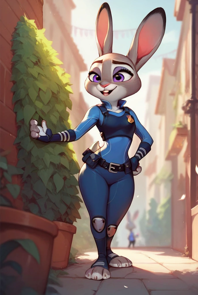 best quality, masterpiece, solo, 1girl, JudyHopps, police uniform,City, modern city, no pants,