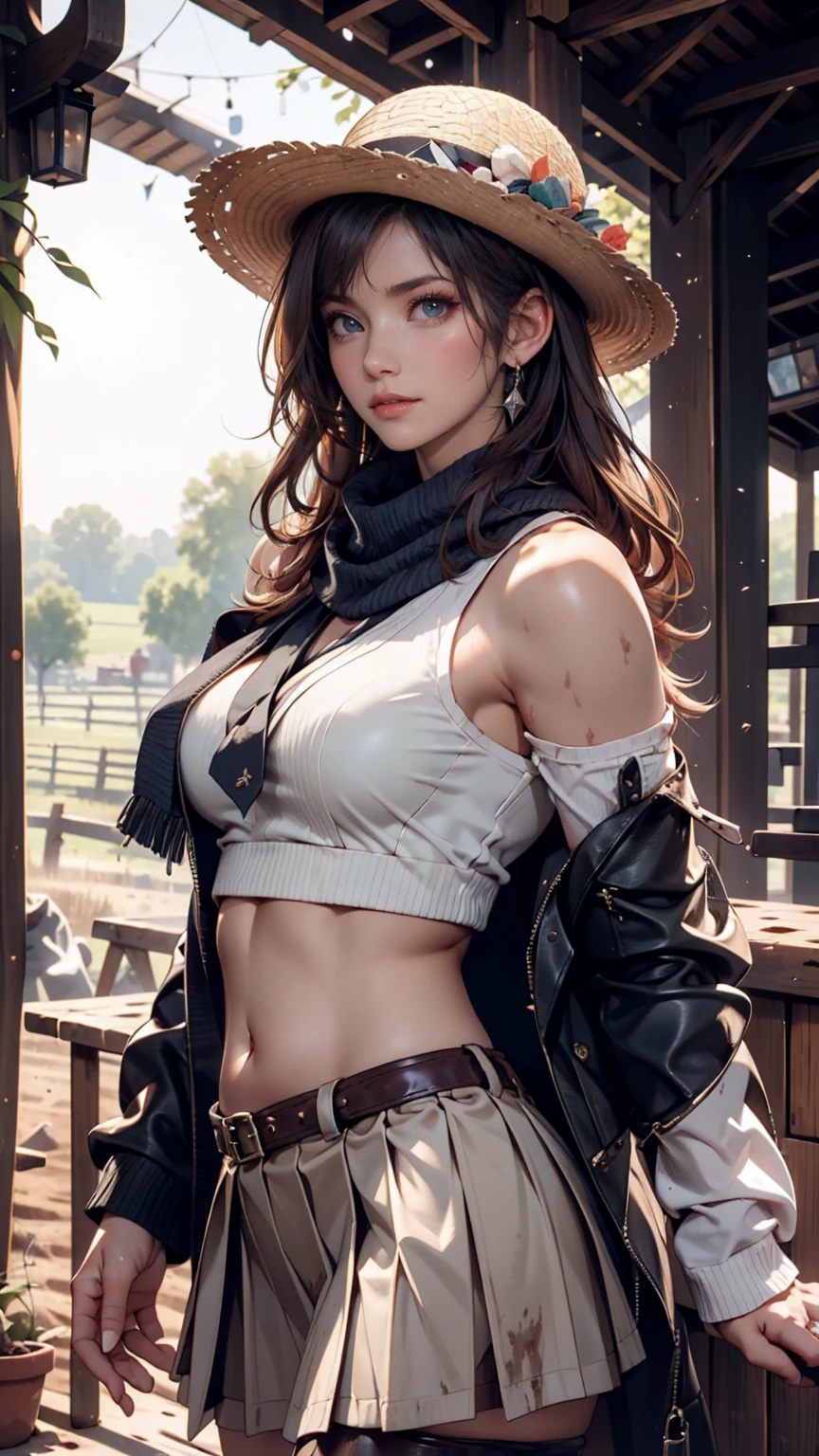 Portrait of a beautiful woman on a muddy farm:1.2 , Cowboy hat, Fringed waistcoat , pants, scarf , confidence , Mid-chest,Sexy proportions、Sexy、Narrow waist、Long eyelashes