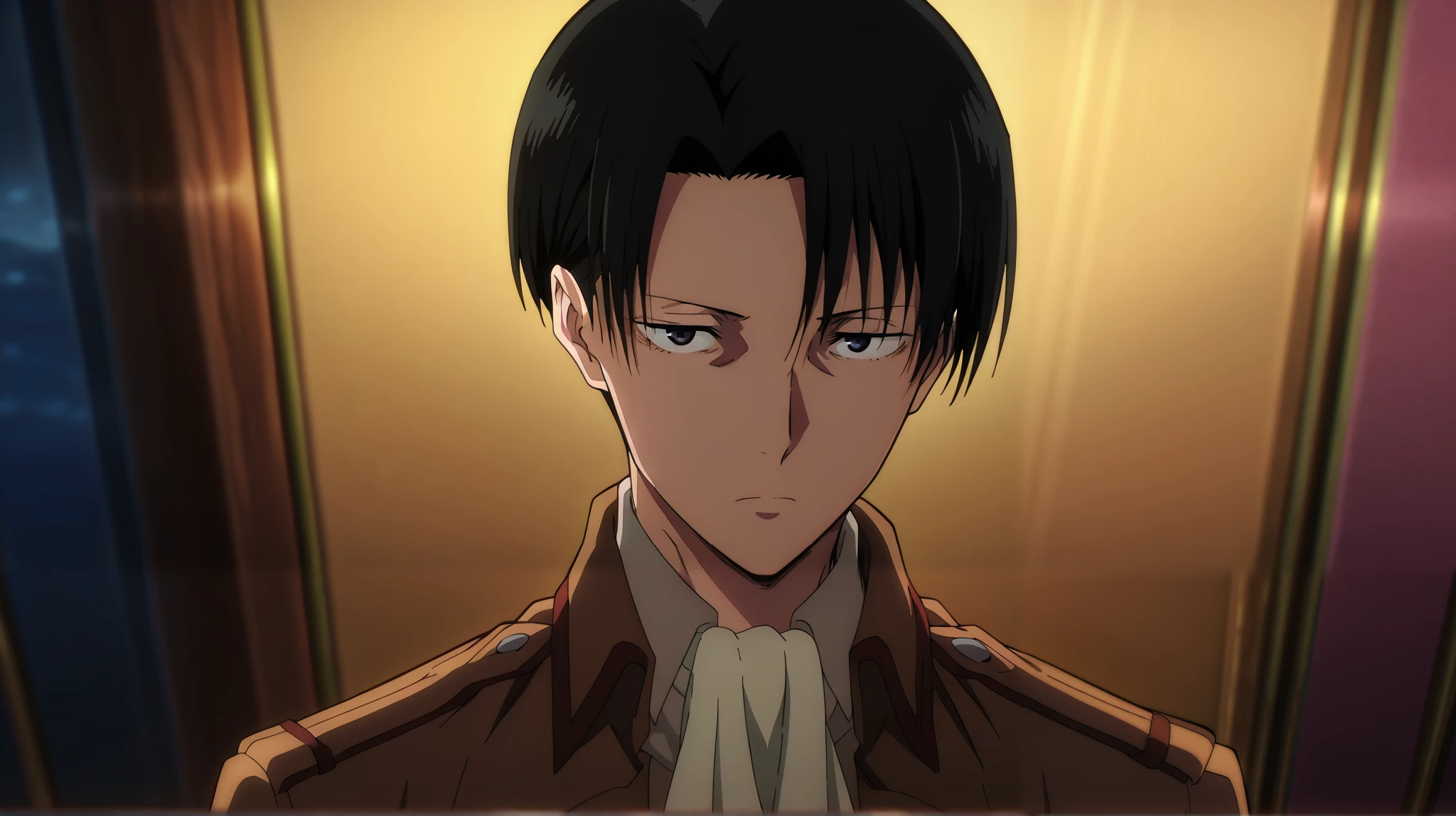 masterpiece, best quality, intricate details, anime screencap, anime coloring, , , , 1boy, solo, male focus, levi_ackerman, black hair, black eyes, short hair, curtained hair, paradis military uniform, ascot, , ,((upper body)), cowboy shot, looking at viewer