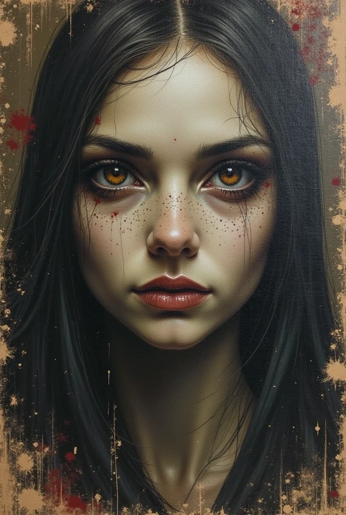 I need an impactful cover, the image must be the face of a demon, I'm looking for a type of drawing that follows you with the eyes. In turn I want her face to look like part of a painting which will have a part of the image torn off (as if another image were hidden behind the painting), in that second image, you will see a specific moment in the book, a group of wicked nuns threatened by someone.