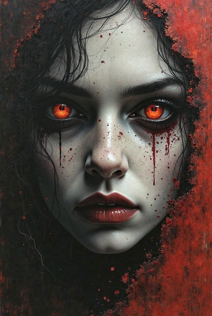 I need an impactful cover, the image must be the face of a demon, I'm looking for a type of drawing that follows you with the eyes. In turn I want her face to look like part of a painting which will have a part of the image torn off (as if another image were hidden behind the painting), in that second image, you will see a specific moment in the book, a group of wicked nuns threatened by someone.