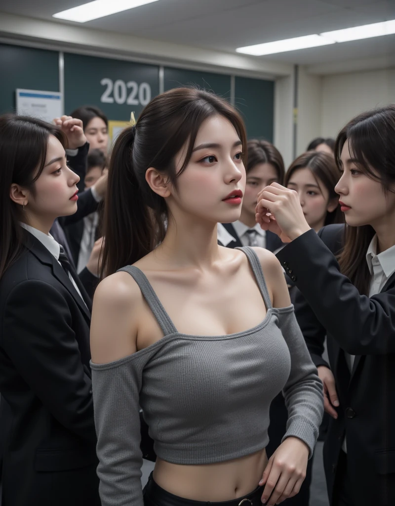 (8k, highest quality, masterpiece, ultra high resolution: 1.2), One girl wearing a black shirt and miniskirt, Beautiful 22 year old Japanese woman, cute blush embarrassed, smaller breasts, brown hair, smooth straight hair, glitter eyeliner, satin lipstick, huggie earrings, princess necklace, On the streets, complicated face, complicated eyes, masterpiece, highest quality, official art, Highly detailed CG integrated 8k wallpaper,ultra high resolution, professional photography, sharp focus, HDR, 8K resolution, intricate details, intricate details, Depth of the bounds written, Analog RAW digital SLR camera, realistic,model body shape