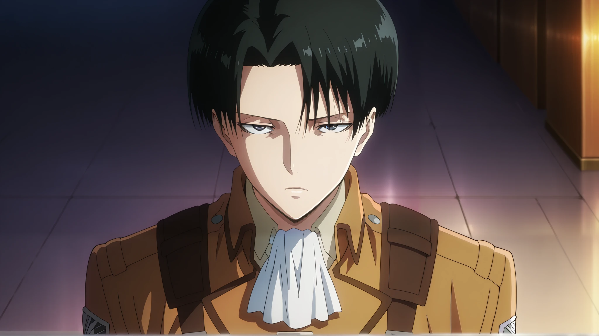masterpiece, best quality, intricate details, anime screencap, anime coloring, , , , 1boy, solo, male focus, levi_ackerman, black hair, black eyes, short hair, curtained hair, paradis military uniform, ascot, , ,((upper body)), cowboy shot, looking at viewer, bad eyes