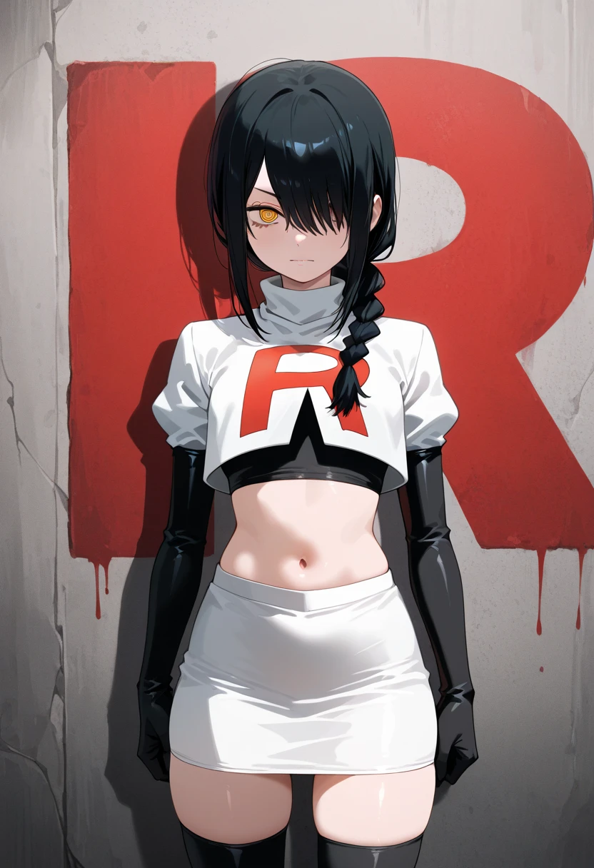  Small breasts, pigtails, red and black crop top, Red and Black shorts,