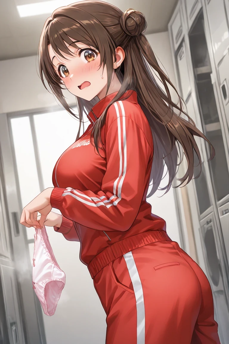 upper body, 1girl, from side shoot, looking to viewer, uzuki shimamura, trainingoutfit, brown hair, brown eyes, embarrassed, very surprised, holding large panties with both hands, steam from panties:1.2, crotch with stain:1.2, the reverse side of opened panties:1.2, Laundry Room, (absurdres, masterpiece, 8K)