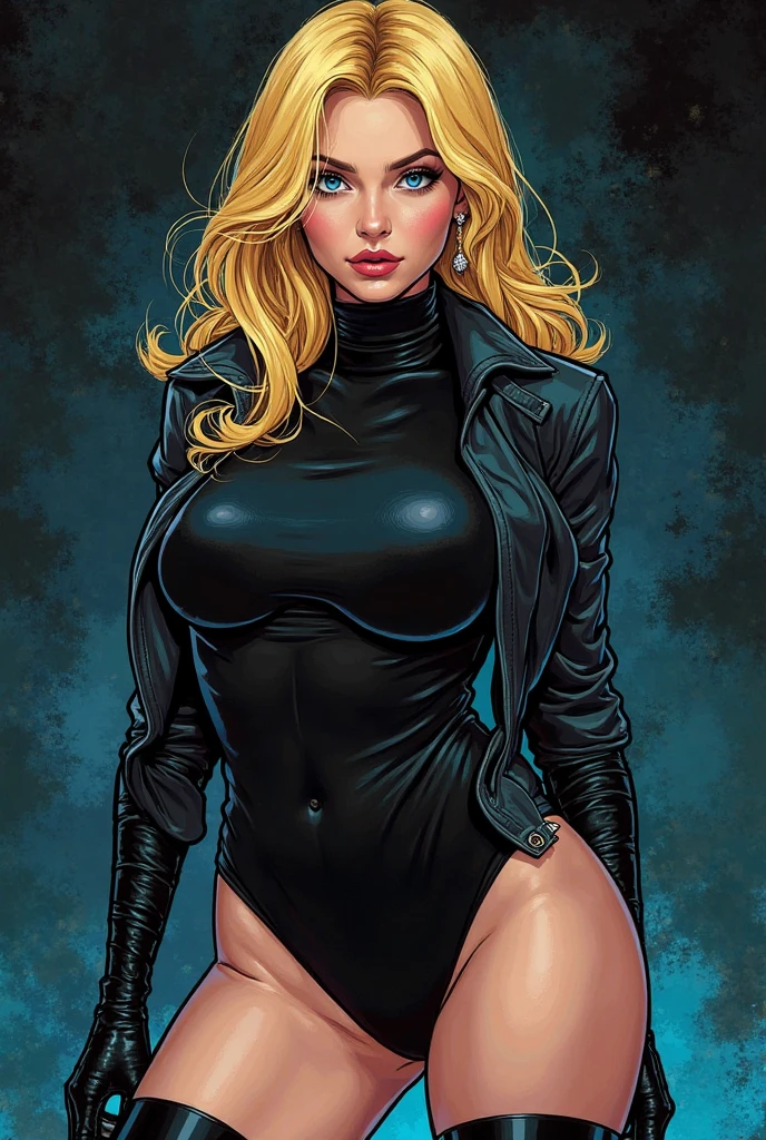 (melhor qualidade, work-πrhyme: 1.3), 1girl, Long blonde hair FLYING IN THE WIND, rosto da Margot Robbie, rosto perfeito, perfect hands, dedos perfeitos, topo de corte, wearing a black latex jumpsuit with a large black widow style neckline, standing, (maquiagem), (musculoso: 0.4), Coxas dos joelhos, Botas de coxa, olhando para o espectador, choker on the neck, head tilt, parte superior do corpo, Cidade, inspirado em J. Scott Campbell