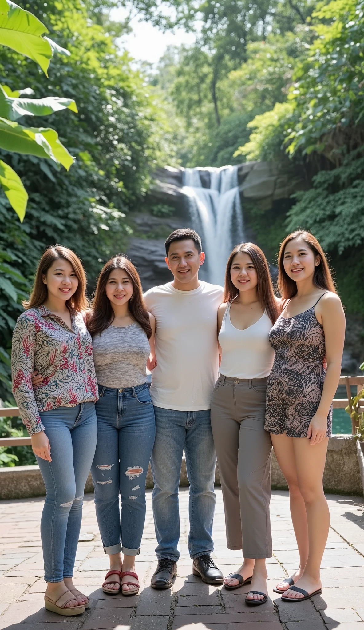 A group of four Indonesian women and one man are posing in front of a waterfall, surrounded by tropical green forest. They are all smiling and dressed casually, with two of the women wearing jeans and casual tops, while the others are wearing shorts or loose pants. The man in the middle of them is wearing matching casual clothing, such as a plain t-shirt and jeans, as he stands confidently with his hand on the shoulder of the two women beside him. The sunlight illuminates the scene, creating a beautiful natural effect and adding to the cheerful and friendly feel of the image. Middle half photo
