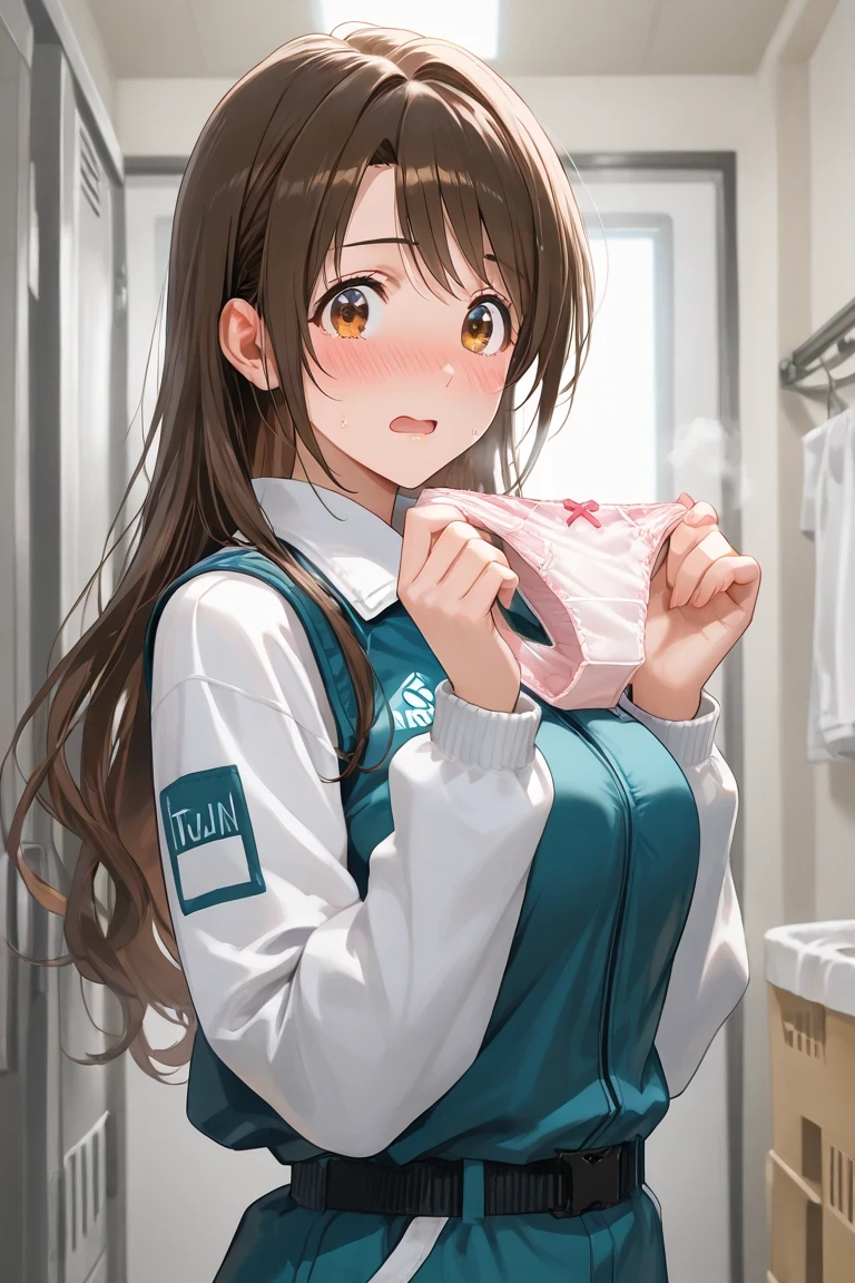 upper body, 1girl, from side shoot, looking to viewer, uzuki shimamura, trainingoutfit, brown hair, brown eyes, embarrassed, very surprised, holding large panties with both hands, steam from panties:1.2, crotch with stain:1.2, the reverse side of panties:1.5, Laundry Room, (absurdres, masterpiece, 8K)