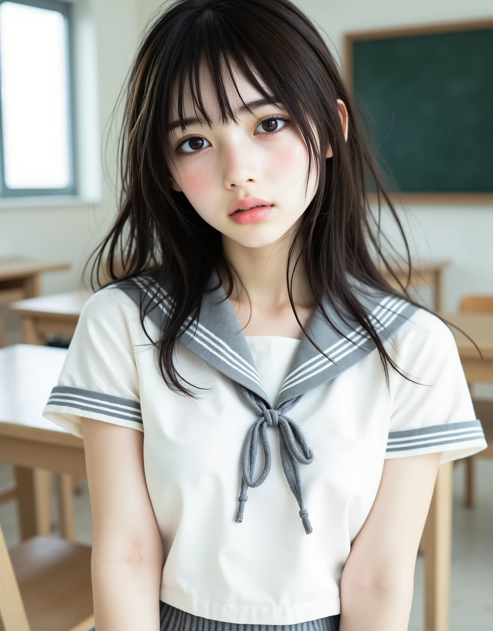 (Canon), (EOS R5), (50mm), (((photorealistic:1.5))), ( No Lens Flare :1.5), ((超high resolution)), (masterpiece), accurate,(realisticな質感の肌), Super Detail, High detail, high quality of wavy lines , winning work, 最high quality of wavy lines, 32K, depth of field,  digital camera, award-winning glamour photo , professional lighting, (SFW), ((最high quality of wavy lines:1.5)), ((masterpiece:1.5)), ((realistic)), high resolution,realisticな影, Roughness, Real Life,(very beautiful and cute single Japanese woman), (The cuteness of a top Japanese idol), ((Upper body shot seen obliquely from the front :1.5)), (( upper body shot from head to knee  :1.5)), (( cute 18-year-old Japanese high school girl )), ((High School Classroom,  desk, chair, blackboard, and window visible )), ((( white short sleeve sailor suit :1.8))), (((襟と胸当てが灰色で3本の白色ラインがある半袖の白色夏服セーラー服と gray flared skirt with 1 big face を着て椅子に座っている:1.8))), (( short sleeve white sailor suit with gray collar and chest :1.8)), (( no front buttons on a sailor suit :1.8)), (( sailor suit bib is gray with 3 white lines :1.5)), (( gray flared skirt with 1 big face :1.5)), (( blue scarf for sailor suit :1.8)), ((gray scarf closure :1.5)), ((No Accessories:1.5)), ((no earrings:1.5)), ((Without necklace:1.5)), ((Women's watch on her left arm )), ((very cute high school girl who feels young)), Attractive cuteness , Seductive Poses, Height: 160cm, slim figure, Beautifully shaped bust, D cup, ((少し歯が見える very cute smile:1.5)), (alone:1.5), (There is only one person in the classroom), (brown eyes:1.9), ( Detailed depiction of extremely realistic skin ), (Highly detailed, realistic eyes:1.9), ( extremely beautiful long realistic eyelashes ), (Highly detailed, realistic eyebrows), (丸いbrown eyes :1.8), ( beautiful catchlight on the eyes), (Realistic lips with moisture ), (White Realistic Teeth Arrayed Neatly), ( Beautiful and Detailed Face :1.6), (hourglass figure:1.6), (Wasp waist :1.5), (Perfectly round and beautifully shaped breasts:1.8), ( clearly contoured cheekbones  :1.5), (perfect style body :1.8), (Healthy body :1.8), (Narrow shoulders:1.9), (viewers on a busy beach), (mesmerizing gaze on the outer corner of the eye), (Beautiful, natural-looking hands), (beautiful pink nails with a beautiful length), ( show your hands as little as possible ), ( very cute smile:1.1), ( her stomach and navel may be slightly visible:1.4), (dark hair medium hair :1.3), (beautiful black hair), ( has bangs), natural atmosphere, Very cute type, beautiful thighs, (( evening classroom )), (( with a pencil case and notebook on her desk :1.4)), (( show your hands as little as possible )), ((I can&#39;t show my feet)), blur background, Illuminate the face, Dynamic Pose, beautiful body line , Beautiful, realistic skin , Art Photography, Beautiful Soft Writing, accurate手の形,accurate指の形,accurate指の数,5 fingers on one hand ,((No watermark, No signature))