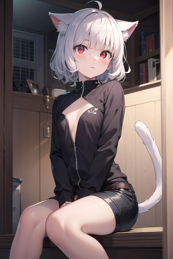 sharp cat ears, 1girls, big , gold eyes, blue pearlescent white hair, short messy hair, cat tail, vibrant, HD, slim, fangs, black skin tight cotton hoodie, buttocks facing towards me, sexy, large breasts, large buttocks, pouting ass,