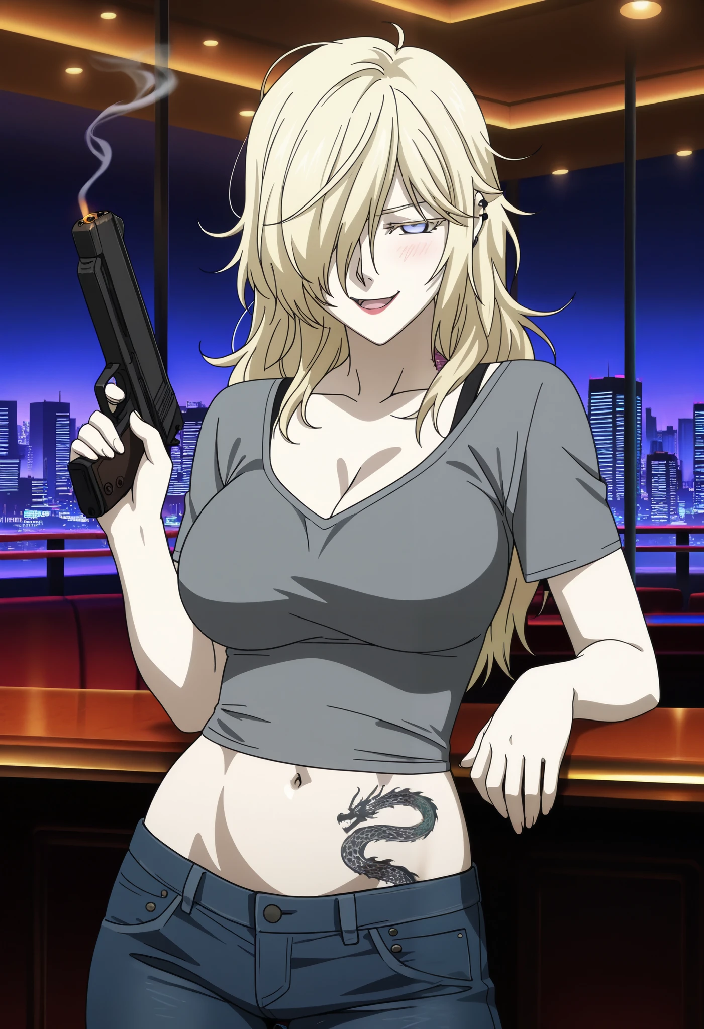schokolade,jormungand
High quality ,  best quality , masterpiece,  High Resolution ,anatomically correct,),anime coloring,
solo, 1 girl, adult
blue eyes,blonde hair,long hair,hair over one eye,messy hair,large breasts,
shirt,jeans,looking at viewer ,
ear piercing, long hair, blush, lipstick,Hot girl, baddie, smoking, sensual, attractive, bar background, inside bar,indoors, cityscape, casino, nightclub, city lights, masterpiece, best quality, highly detailed, open mouth, cleavage, evil smile, smile, (nsfw) not safe for work, official artwork, , beautiful girl, exposed belly, exposed navel, exposed midriff, exposed lower belly, holding a gun, holding pistol,, dragon tattoo, narrowed eyes, tattoo midriff,
