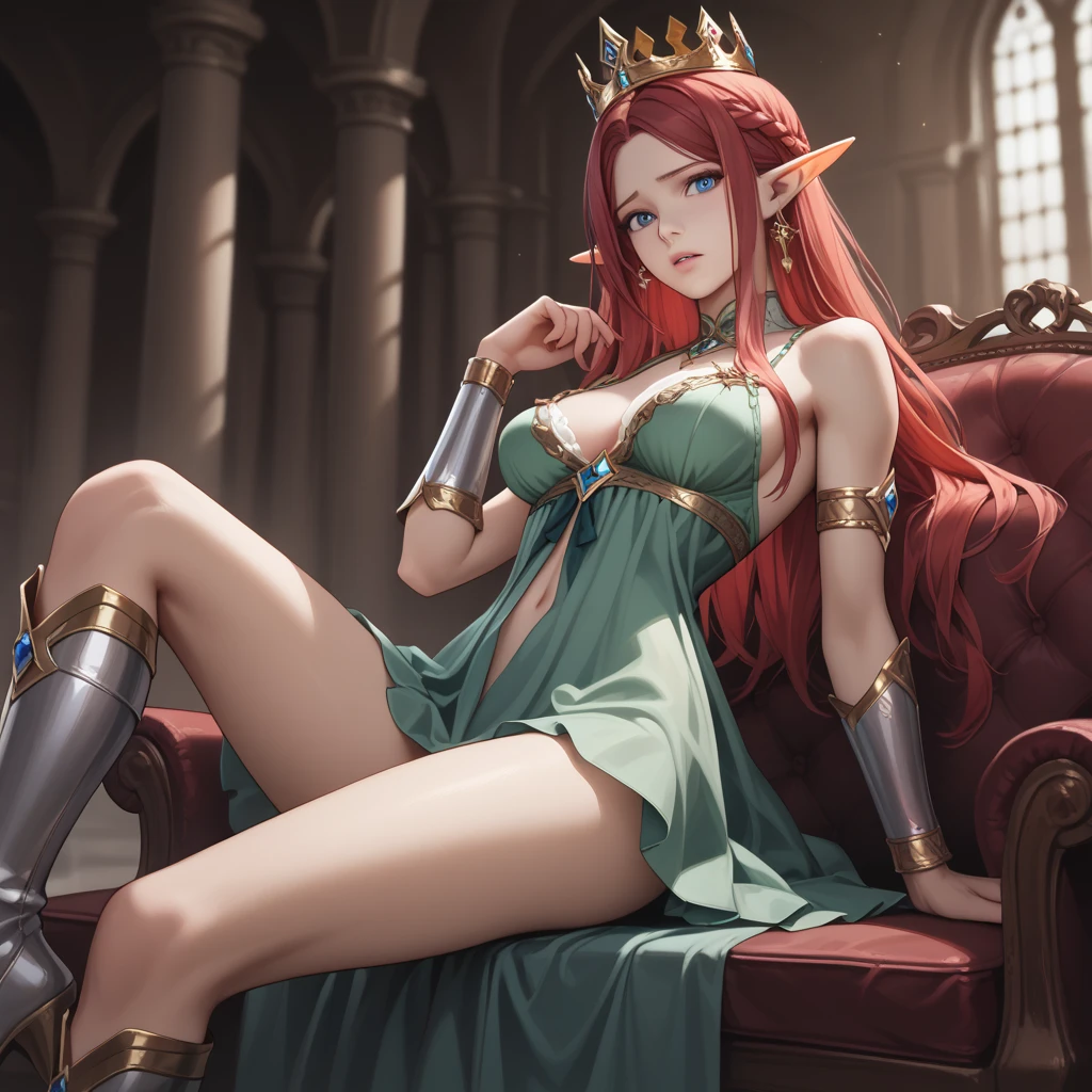 Create an anime style NFSW image that is a masterpiece with perfect details of an elf princess with long red hair, blue almond eyes, medium breasts, thick thighs, light brown skin, perfect face. She wears a short green elf dress, tight thigh-high stockings, gold high heels, and white gloves. She is sitting on a throne with her bare breasts and legs spread apart showing her naked hairy pussy, her gaze and her smile are seductive and inviting to the viewer.