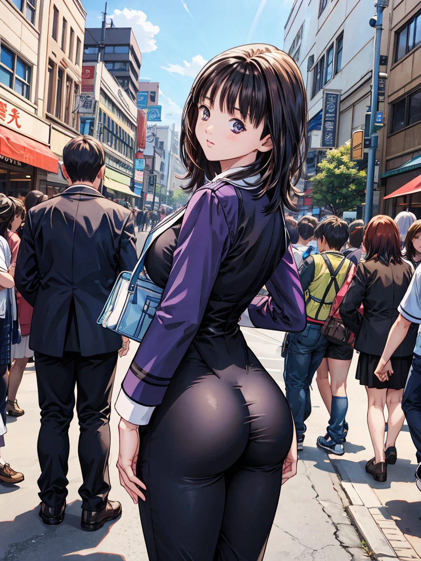 (Very detailed CG Unity 8K wallpaper),(masterpiece), (Highest quality), (Very detailed), (Best illustrations),(Best Shadow)、Large Breasts、crowd、Surprised expression、slouch、The wind makes her underwear visible through her skirt(Sheer white panties、Streaks are visible 1.2)、Embarrassed and blushing。Purple eyes and very short purple hair、White blouse、Blue tie、Checked mini skirt、Beige cardigan、Angle from behind
