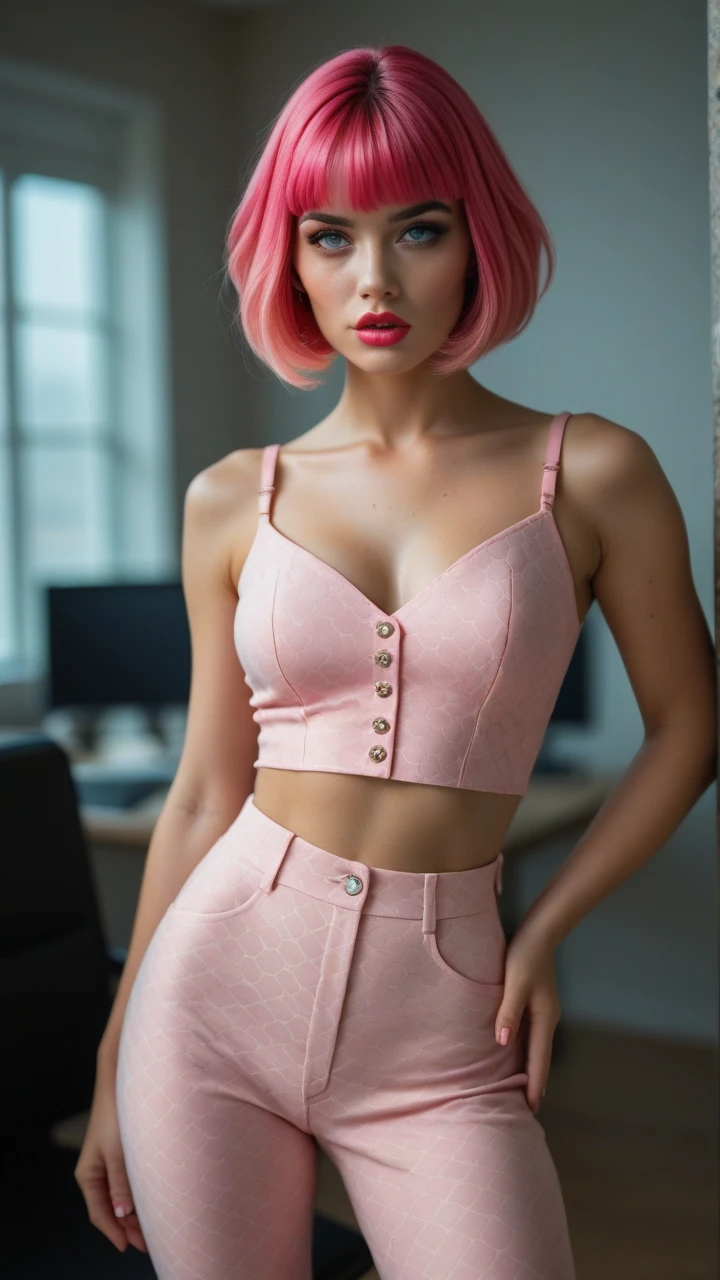 masutepiece, Best Quality, Photorealsitic, ultra-detailliert, finely detail, hight resolution, 8k wallpaper, Professional, high level of detail, Latina Women's High Angle, (short pink hair), Wearing a (short and tight white dress) , small bust with good shape, (Facing the front), (Look at viewers), Urban sidewalks, Natural Skin Texture, Soft cinematic light, Raw photo, elegent, Highly detailed, sharp focus, ((Cinematic Look)), Soft tones, Insane details, Intricate details, hyperdetails, Low contrast, exposure mix, nffsw, Faded