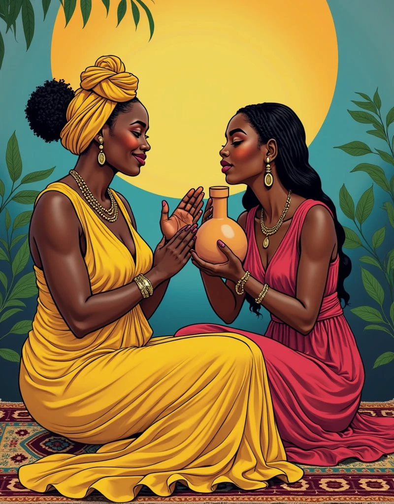/imagine prompt:Egyptian Afro king with Aztec Colombian queen both gathered doing a ritual drinking wine and smoking herbs, around them the city of Thebes in ancient Egypt realistic, psychedelic, Dark Academia, amigurumi, aerial view, Animation, Detailed, Collage, purple colors, Unworldly, full moon lighting, Studio quality --auto --s2