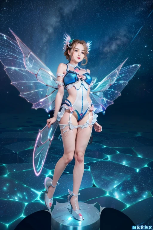 (8K、Live shooting、realistic:1.25)、1 girl、Tinkerbell looks like a 14 year old girl with a beautiful face、on top of an old castle、The moon is out、(silver hair、dance happily in the air:1.1)、side shot、fairy wings are transparent、luminous bikini swimsuit、lip gloss、Glossy skin、highest quality、ultra high resolution、