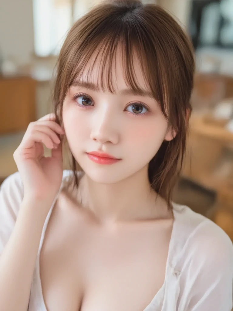 finely detail, hight resolution, hightquality、Perfect dynamic composition, Beautiful detailed eyes, Medium Hair, Colossal tits 、Natural Color Lip,Kamimei、Shibuya、college aged、1 persons、Transparent skin、Glowing hair、kimono、Beauty in return