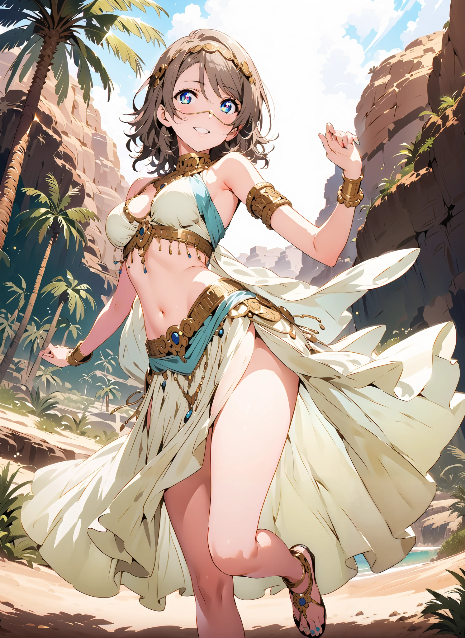 Watanabe, short hair, Hair, blue eyes,Medium breast,smile,cover,The Valley of the Chest,,Arabian clothing, dancer , mouth Veil, belly Dancing, Veil, Armlet, dancer ,Bare legs, dancing,is standing,Palm Trees,Glowing Skin,full bodyがillustrationsに入るように,break outdoors, desert, oasis,
break looking at viewer,full body,
break (masterpiece:1.2), best quality, high resolution, Unity 8k Wallpaper, (illustrations:0.8), (beautiful detailed eyes:1.6), very detailed face, so that it fits into the illustration, extremely detailed CG,(curved body, perfect anatomy),