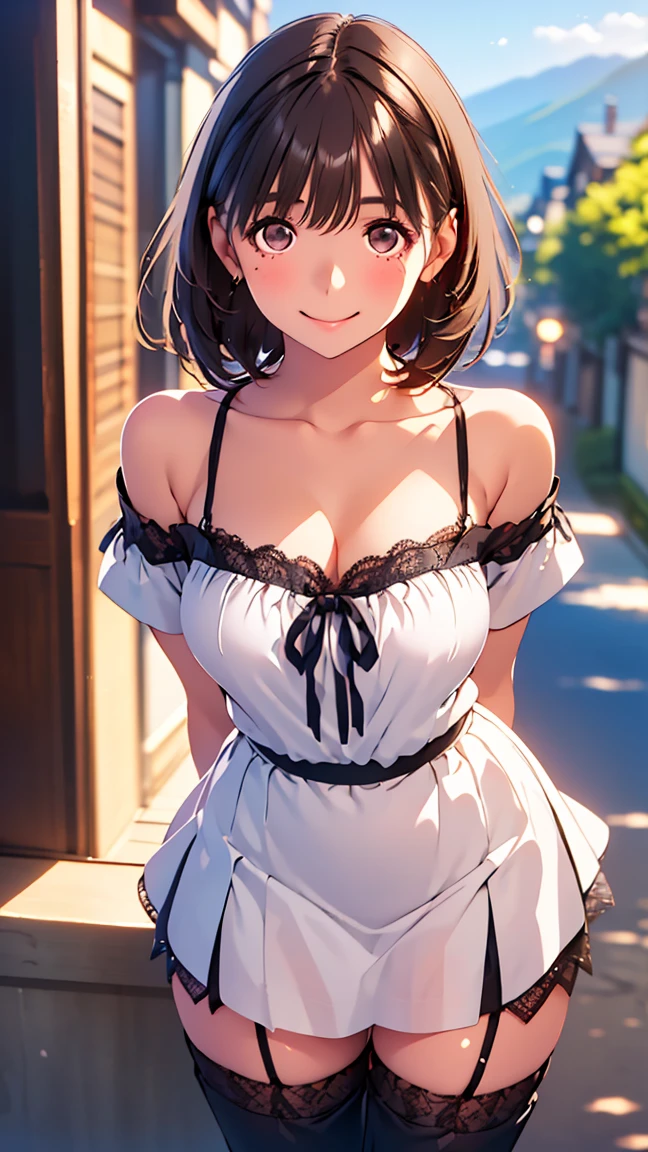 very cute and beautiful girl standing near the window,((((White checked summer dress with fine frills),sleeveless,Fine lace)))),(skirt lift,white panties),(((lift up the skirt、flip up the skirt、You can see a little of my pants)))、 (very detailed美しい顔),grassland,wooden floating cottage, cowboy shot,(smile),blush,looking at the viewer、look return,return、medium hair,black hair,up hair, (highest quality,masterpiece:1.2),confused,High resolution,Super detailed,very detailed,32k,8K resolution, intricate details,movie scene,detailed returnground,alone,dynamic angle, Natural light,particles of light,beautiful detailed sky,perfect hands,look back、slouch、(((Hair tied back)))