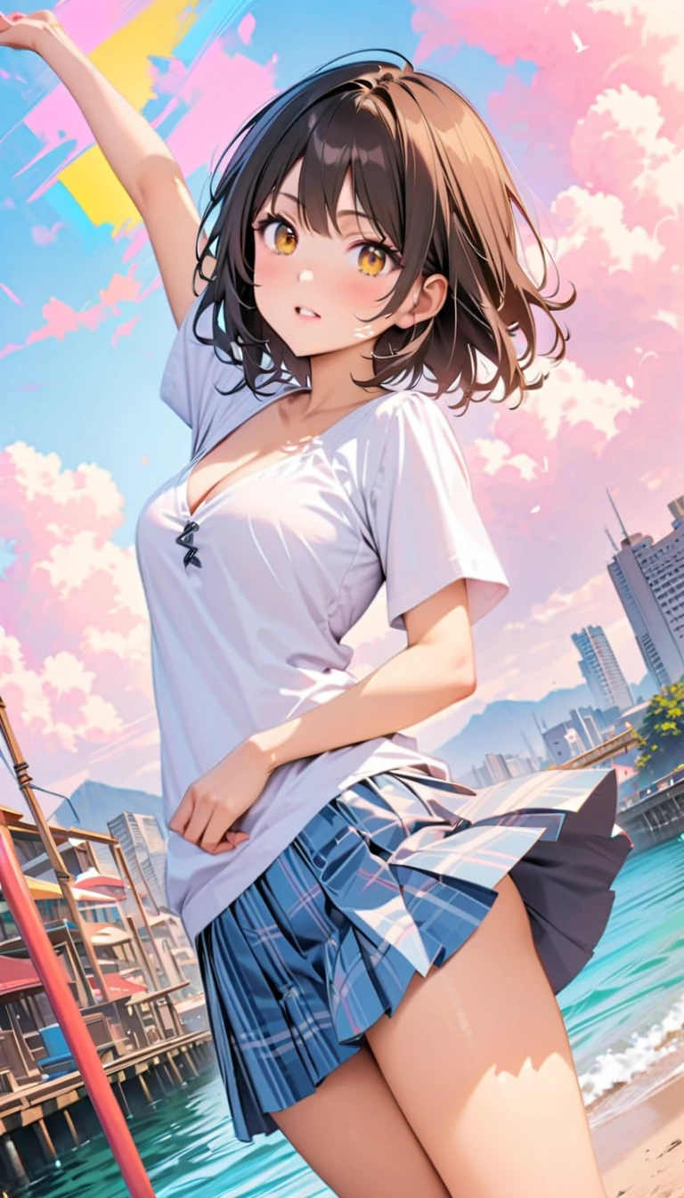 Front facing, facing this way、
Gal&#39;s more beautiful smile、
More cute casual summer outfits、Cute mini skirt、
More beautiful thighore beautiful colorful pantyhose、
Beautiful dark clouds, (Cowboy Shot:1.4), Beautiful and realistic, 
Beautiful masterpiece, Beautiful and top quality, Beautiful backlight, (Lens flare:1.1), (bloom:1.1), (chromatic aberration:1.1)

flowerpunk