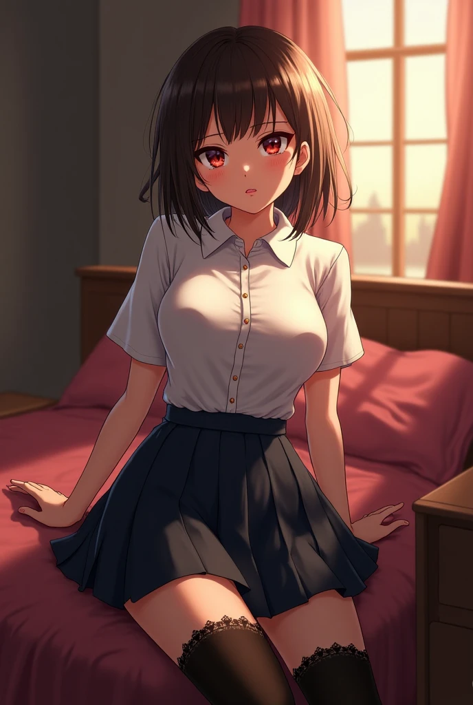(masterpiece, best quality:1.3), 1 girl, 独奏, teenager,(top quality eyes:1.3),18 year old girl、Loungewear、skirt、bed、My Room、Normal size breasts、cowgirl position, squatting, spread legs
