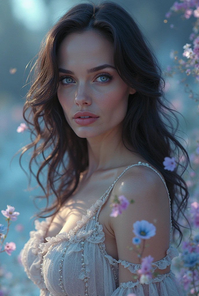 A woman, sensual, she is an adult, long black hair with bangs, (((a woman with black hair and bangs 1.7)))(((very beautiful))), perfect faces, she is surrounded by lilac flowers in her room, dark and cold palette, light blue dress, gray eyes, 8K, freckles on her face, beautiful breasts, extremely detailed, (high quality, realistic, photorealistic: 1.37), ideal proportions and defined skin, meticulously crafted features, inaccessible beauty, perfection, artistic art, vivid realism, hyper-detailed sculpture, realistic shapes, truly inspiring, impeccable craftsmanship, pure brilliance, ethereal beauty, delicate contours, striking poses, sublime beauty, subtle nuances, dynamic compositions, vibrant colors, perfect lighting, moving expressions, heavenly aura, majestic presence, dreamlike atmosphere, unmatched high level of detail, high octane rendering on artstation, 8k art photography, art conceptual photorealistic, cinematic volumetric soft natural light, chiaroscuro, award-winning photography, fine art, oil on canvas, beautiful, detailed, intricate, insane