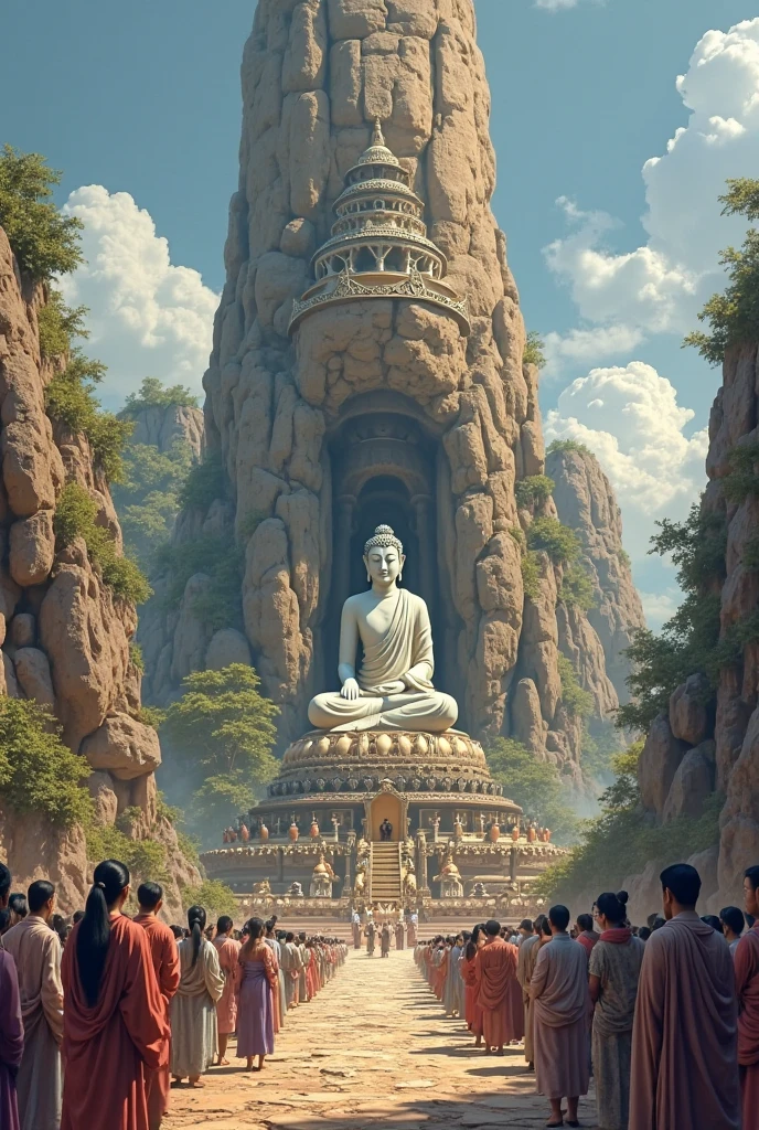 Masterpiece, Best quality, offcial art, 8K wallpaper, Very detailed, A giant tall Buddha statue in the distance,Pilgrims on the road