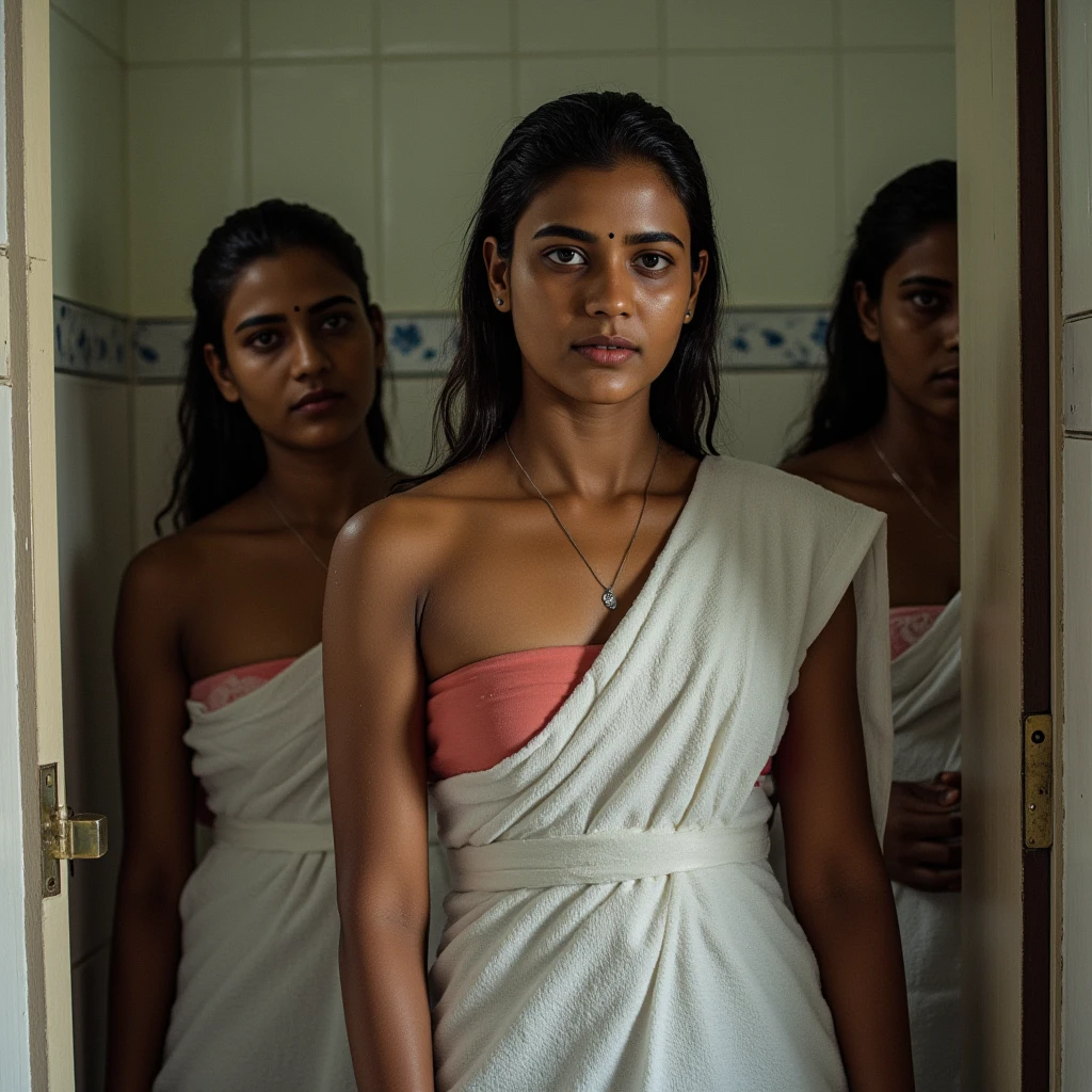 The all Indian woman's prisoners, wearing white sharee as Specific clothing for female prisoners, in side the jail. They all are doing murga pose with holding ear in jail every day. And shaved all theirs head every day.