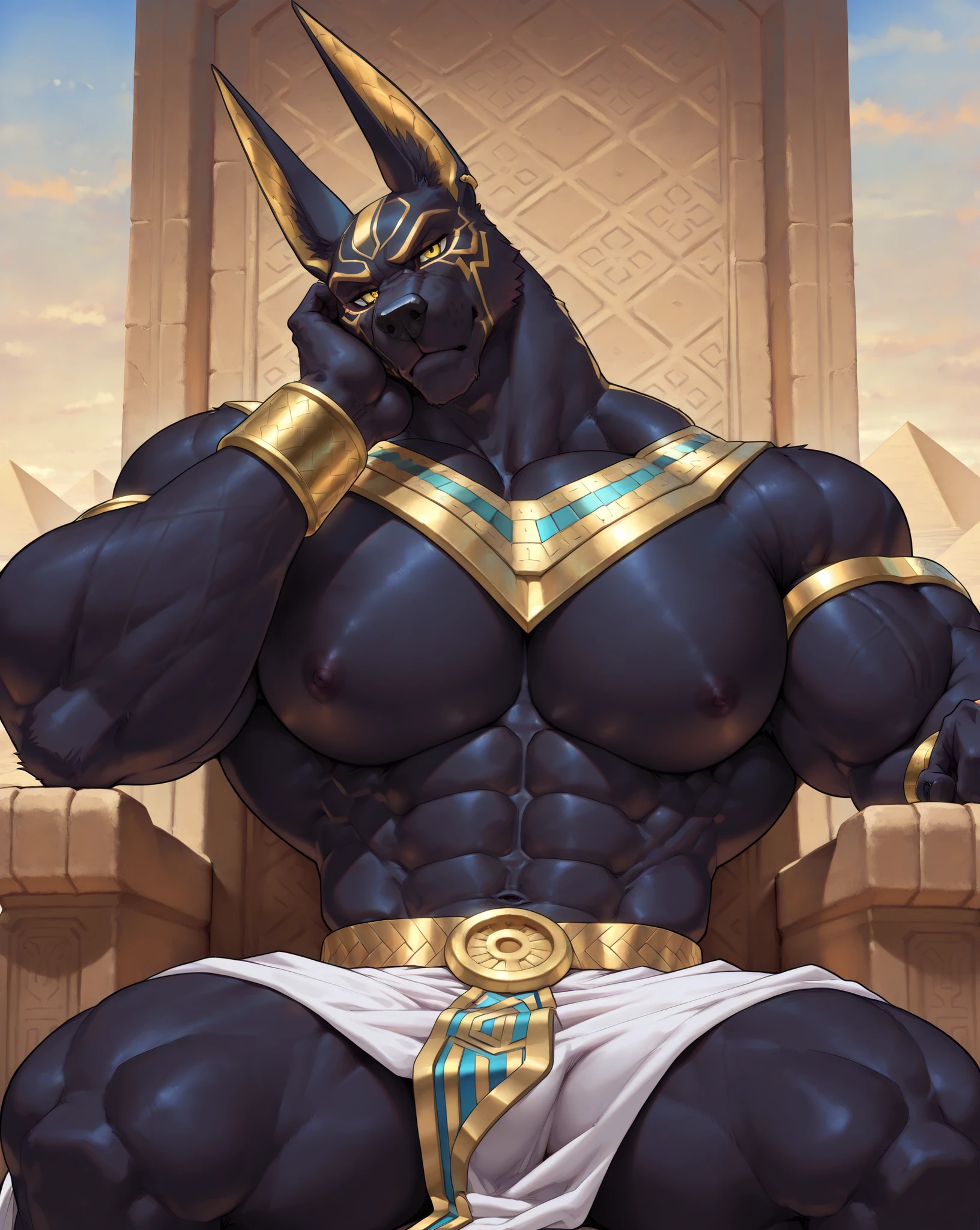 masterpiece, best quality, amazing quality, correct anatomy, high resolution, hyper-detailed, 1male,
((solo)), male, ((jackal)), anubis, beautiful yellow eyes, black fur,
((massive size difference)), ((10 feet tall)), muscle, massive, big muscle, ((massive muscle)), dominant, rough, abs, eight pack, pecs, (wide shoulder, wide pec, massive pec muscle thick arms),
mature, rugged, old male,
cowboy shot, serious, Shendyt Kilt, Usekh, gold armbands, sitting on throne, (hand on own cheek), head tilt, pyramid