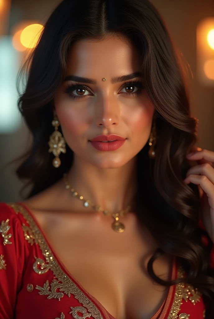 night bokeh effect background, perfect pink eyes, fantastic face, Indian, beautiful look, ((red lips, bright eyes, curve heir 1.5)), ((beautiful details body)), A glorious gorgeous bollywood actress, glorious gorgeous face, pretty face, bright eyes, detailed dress, updo elegant hair, blurred gray tones background, ultra focus, face ilumined, face detailed, 8k resolution, painted, dry brush, brush strokes,