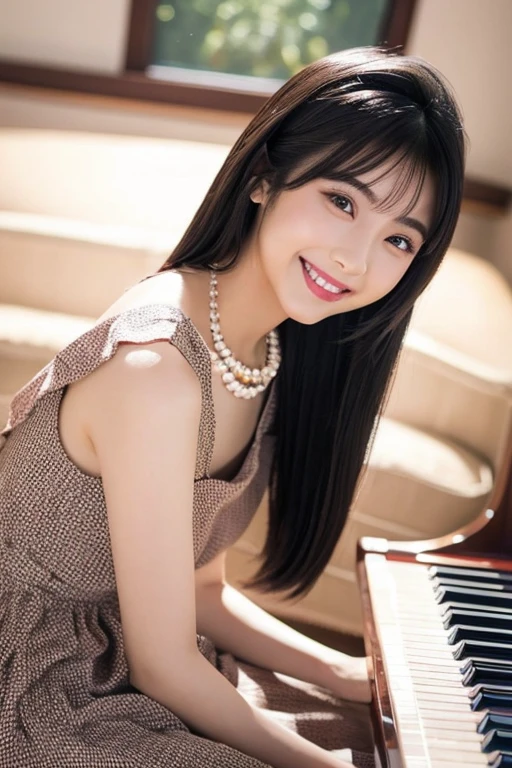 Create an ultra-realistic image of a 21-year-old Japanese woman named Kotone playing the piano. She has extremely long, perfectly straight black hair that flows down to her waist, with blunt bangs that cover her forehead. Her eyes are large and have double eyelids with black pupils, giving them a captivating and youthful appearance. Her face is delicate and innocent, with very thin eyebrows. Kotone's skin is smooth and flawless, resembling snow in its pure white color. She has a slender and well-proportioned body with a shapely bust size of 95 cm, a height of 158 cm, a weight of 43 kg, an ideal waist size of 58.46 cm, and an ideal hip size of 86.73 cm. Her complexion is flawless, without any wrinkles, and her natural makeup enhances her features subtly, maintaining a fresh and youthful look. She embodies a perfect balance of youthful charm and mature elegance, with a cute and innocent smile that adds warmth and affection to her appearance.

Kotone should be depicted sitting at a grand piano, her fingers gracefully moving over the keys. She could be wearing a stylish yet elegant outfit, such as a fitted dress or a blouse with a skirt, suitable for a musical performance. Her long black hair should flow naturally over her shoulders. Her expression should be focused and serene, reflecting her passion for playing the piano. The lighting should be soft and warm, emphasizing the smoothness of her skin and the details of her outfit and piano. The background should include elements of a cozy indoor setting or a small stage, with props like music sheets and a microphone stand, ensuring that every detail of her appearance and the musical atmosphere is highlighted.
