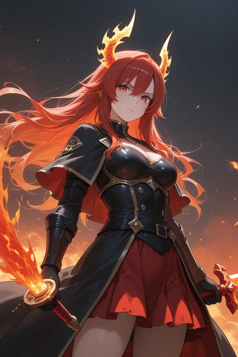 最high quality、best image quality、masterpiece、girl((20-year-old、 By becoming、vest bust、medium bust,wide open breast tea、shining eyes, glowing red hair、long hair、thin,highest valley、black and red suit、Wristband、black gloves、fight pose、inflammation from the whole body、sharp nails)),high quality、beautiful art、background((inflammation、volcano、magma、eruption、meteorite、bright red sky、firebird))、Flight、debris flies、Depth of written boundary、movie、visual art、perfect art、8K,genuine、