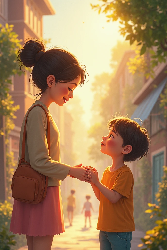 a woman giving to a sad hungry lady pixar 3d cartoon style