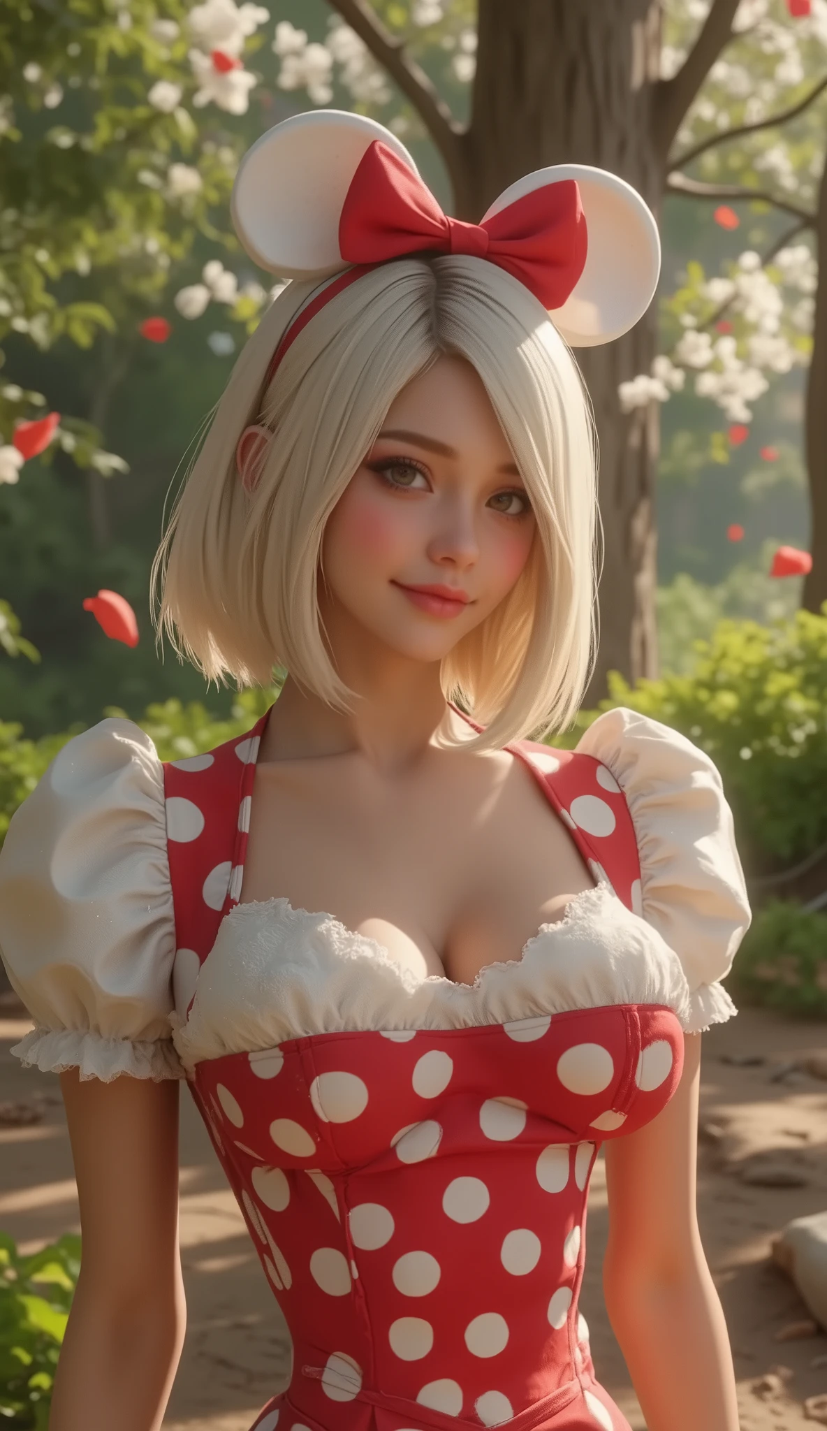 NSFW, (Top Quality, masterpiece, award winning work, 16k), 、((a spring break, YorHa No.2 type B on spring break, a trip to Disney resort, walking through Disney resort: 1.2))、white bronde short hair, ( delicate facial expression、Delicate hair expression、Delicate Eye Expression:1.5), (smiles:1.2), (raised and crisp bust:1.2), (lifts the chest:1.2), (Perky breasts, nipples :1.2), , ( double breasted,Underbust:1.2), button gap with, Minnie mouse costume, selfie, walks under trees、spring sun shine, Clothes from strong winds blow up、 petals are blown away by strong winds