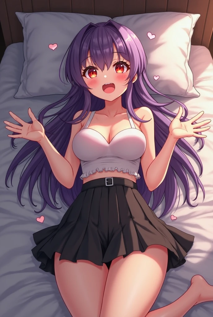 12 year old , sucking a big cock, sitting on her knees on a large bed, spacious room, black hair, purple hair, blushing cheeks, heart eyes