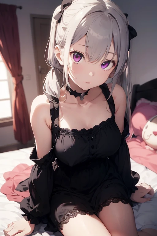 (detailed), perfect face, expressive eyes, intense blushing, folded cat ears, adult girl, solo, red and silver hair, hair covering one eye, red eyes, very huge teardrop , sensual gothic dress, deep cleavage, relaxing, stockings, full body, incredible details, wallpaper art, ethereal vibrant colors
