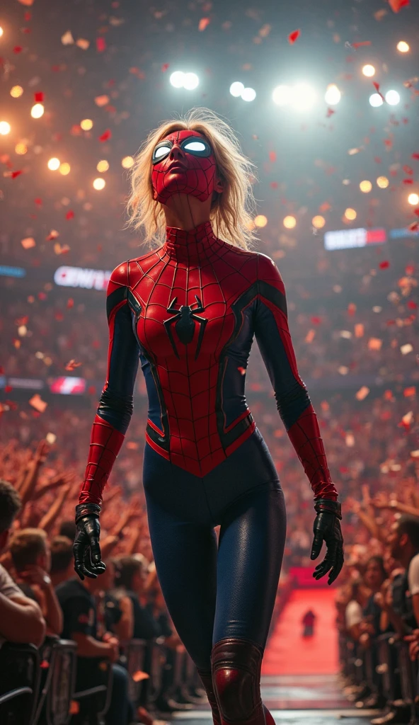 Photo of a sexy (female spiderman:1.2) taking a selfie, (young:1.2), tall, skinny, slender, blonde, (short hair:1.2), DSLR photo, raw photo, (blurry:1.2), (close-up:1.3), eyes, (close up:1.3), (smiling:1.2), (dancing crowd in background:1.3), blue light, dark, fog, 8k, contrast, detailed, intricate, UndergroundClub, indoor, hard shadow, masterpiece, best quality, neon sign, wet hair, high resolution, red lips
<lora:UndergroundClub:0.7>