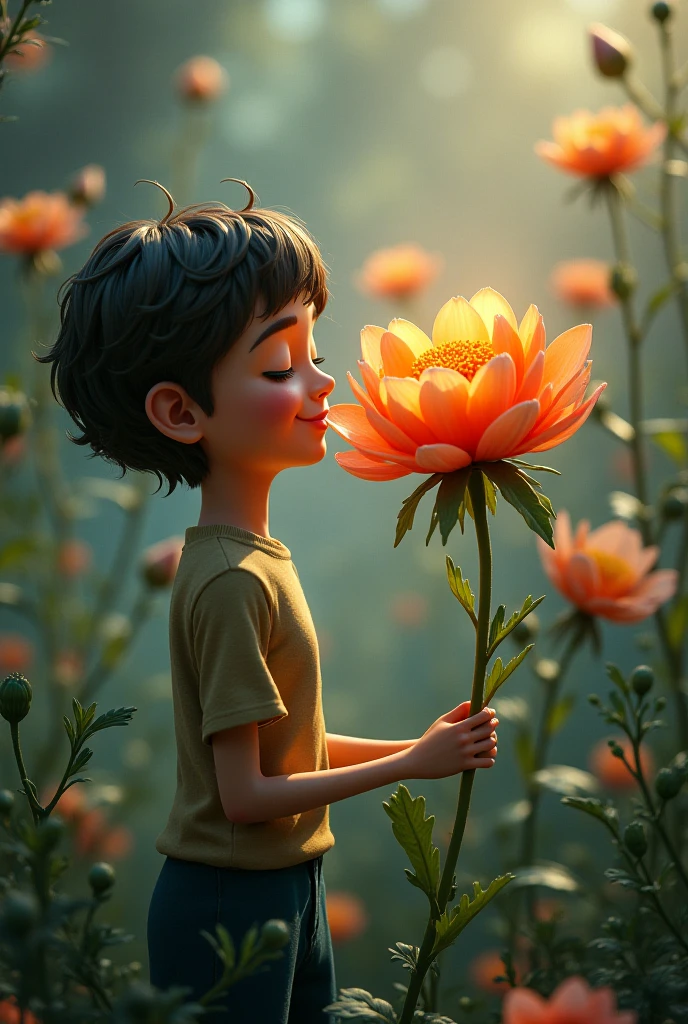 A handsome boy holding a red flower