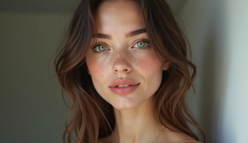 Closeup of a woman with freckles on her face, Perfect face ), Perfect face and eyes, extremely beautiful face, detailed Perfect face, Perfect face, beautiful and attractive face, Sexy girl with green eyes, Perfect face, beautiful face, beautiful face atractiva, beautiful fine facial features, Portrait Sophie Mudd, beautiful detailed body and face, beautiful body and face