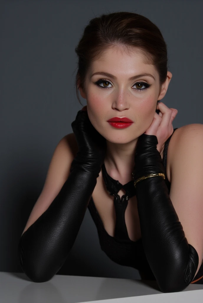 A polaroid shot of an intelligent 35-year-old dominant brunette with disheveled hair, a very thin face, pale white skin, very high cheekbones, large full lips, the largest lips, small glasses, deep mouth, dark plump glossy lips, very bright makeup. Very thin. Naked sexy model. in bdsm style. Wearing in leather gloves. A magnificent hairstyle. Shiny steel bracelets on top of black gloves. and Shiny steel bracelet necklaces are on her wrists. She wears a leather harness over her head and face. Leather garters on his feet. A sexy pose.