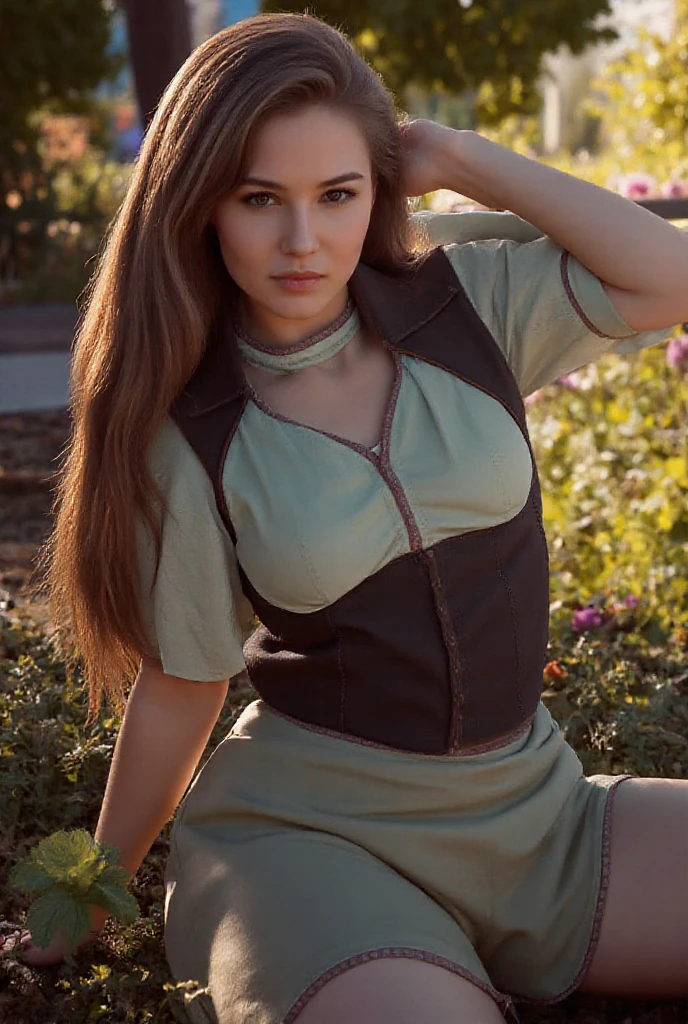 1girl, 25 years old, red hair, single braid over shoulder, pretty face, green shirt, dark green vest, gray cargo pants, satchel BREAK sitting, open field, forest, mountains in background beautiful succubus, grey eyes, ((derevschikova:1.5)), beautiful alluring , perfect nose, ultra beautiful, with her long, perfect beautiful, realistic , epic beautiful, 8k, fuji xt3, not cropped, premium wide open city ” busty dd cup bra