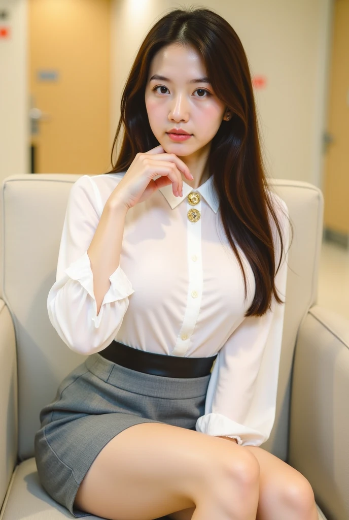 Sunlight streams into the spacious office through the bright glass windows，A girl in a modern workplace uniform is working intently。Her uniform is a classic black suit，The top fits snugly，Showcases beautiful body curves。At the collar is a delicate white shirt，The neckline is slightly open，Exudes a touch of confidence and elegance。Wear yours with a tonal skirt，The length of the skirt is just right，It also doesn't overexpose，It looks stylish and generous。

Her hair is neatly combed into a neat ponytail，Show off the elegant neckline，Looks smart and elegant。The light makeup just touched her facial features，Make her look refreshed，Don't lose your femininity in the workplace。Her eyes were bright and focused，Exudes passion and dedication to the work。

In front of her was a computer，Type the keyboard skillfully with both hands，Quickly handle a wide range of work tasks。She has some papers and office supplies on her desk，Everything was in order。Whenever a colleague encounters difficulties，She would smile and lend a hand，Help her expertise and experience。Her professionalism has been respected and recognized by her colleagues，It has become a beautiful sight in the office。